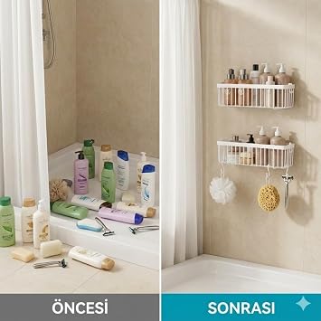 Delmeden Yapışkanlı Plastik Banyo Rafı – Askılı Duş Organizeri, Su Tahliyeli Şampuanlık (2’li Set – 25 cm)