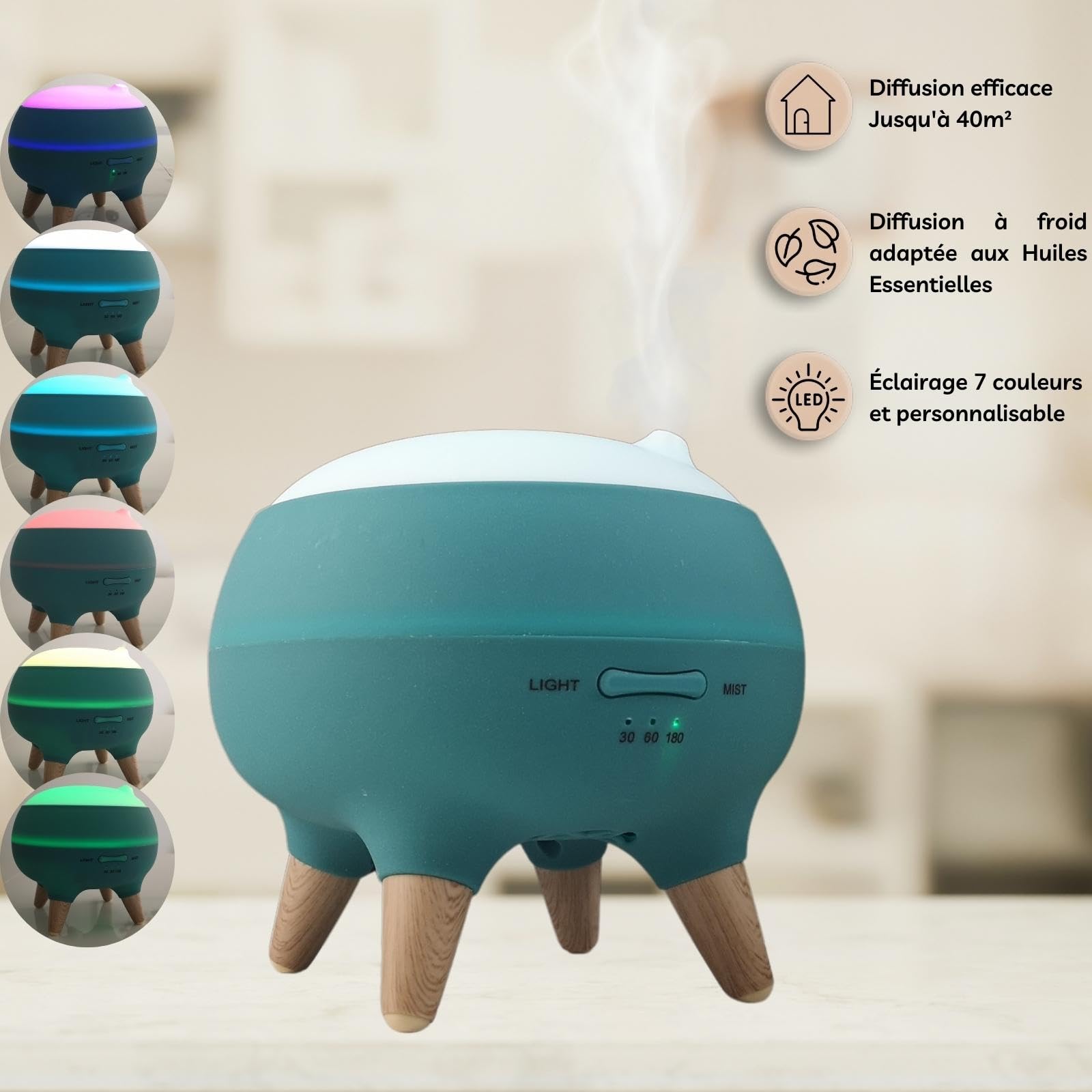 Zen’Arôme Diffuseur Huile Essentielle Julio, Diffuseur Ultrasonique Aromathérapie à Froid, Diffuseur Électrique de Parfum, 2 Modes de Diffusion et Fonction Minuterie, Éclairage LED, Design Original