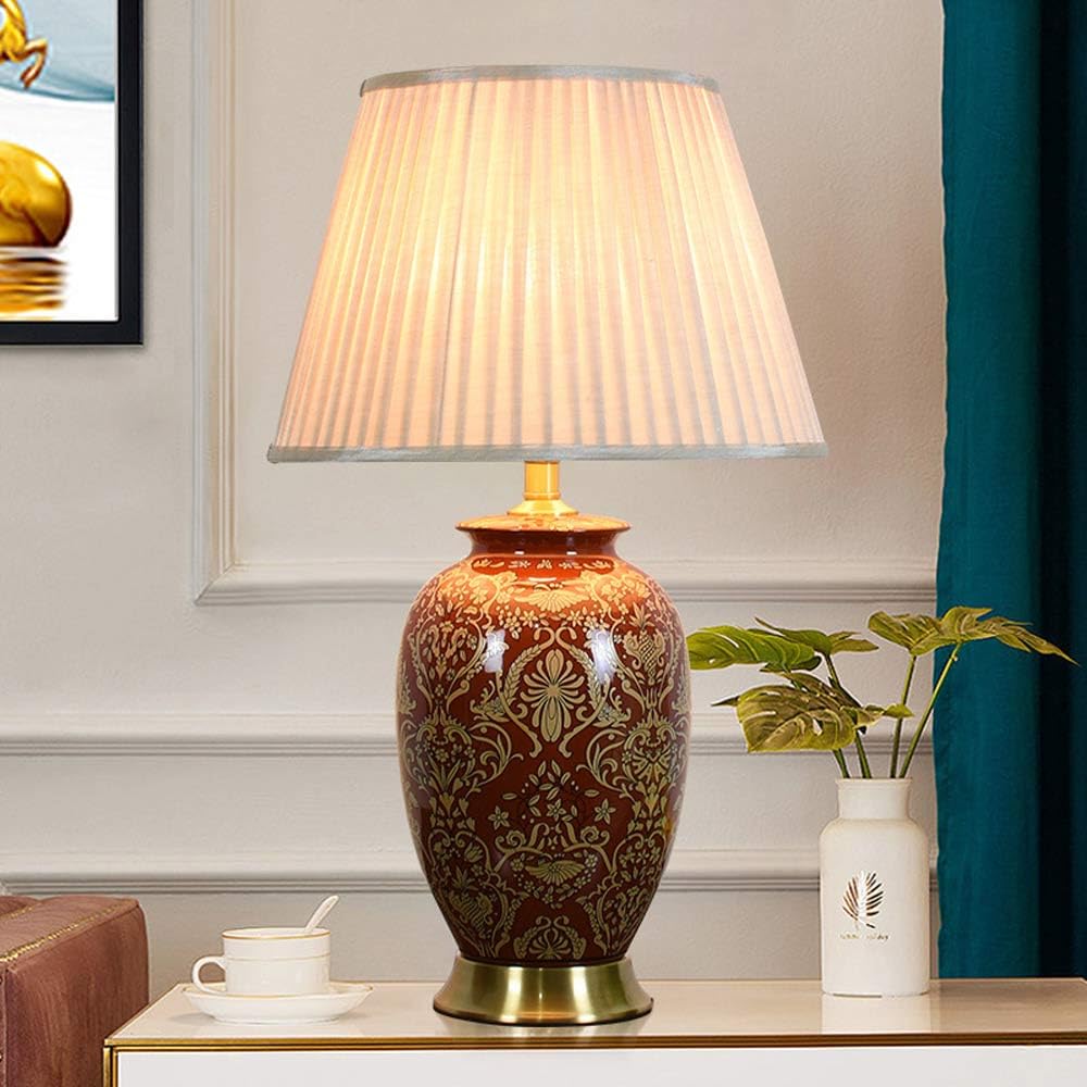 Czerwona Ceramiczna Lampa Stołowa W Stylu Amerykańskim Vintage, Kwiatowa Lampka Nocna, 26 Cali, Biurko, Lampka Do Czytania, Metalowa Podstawa, Dekoracja Sypialni, Salonu,