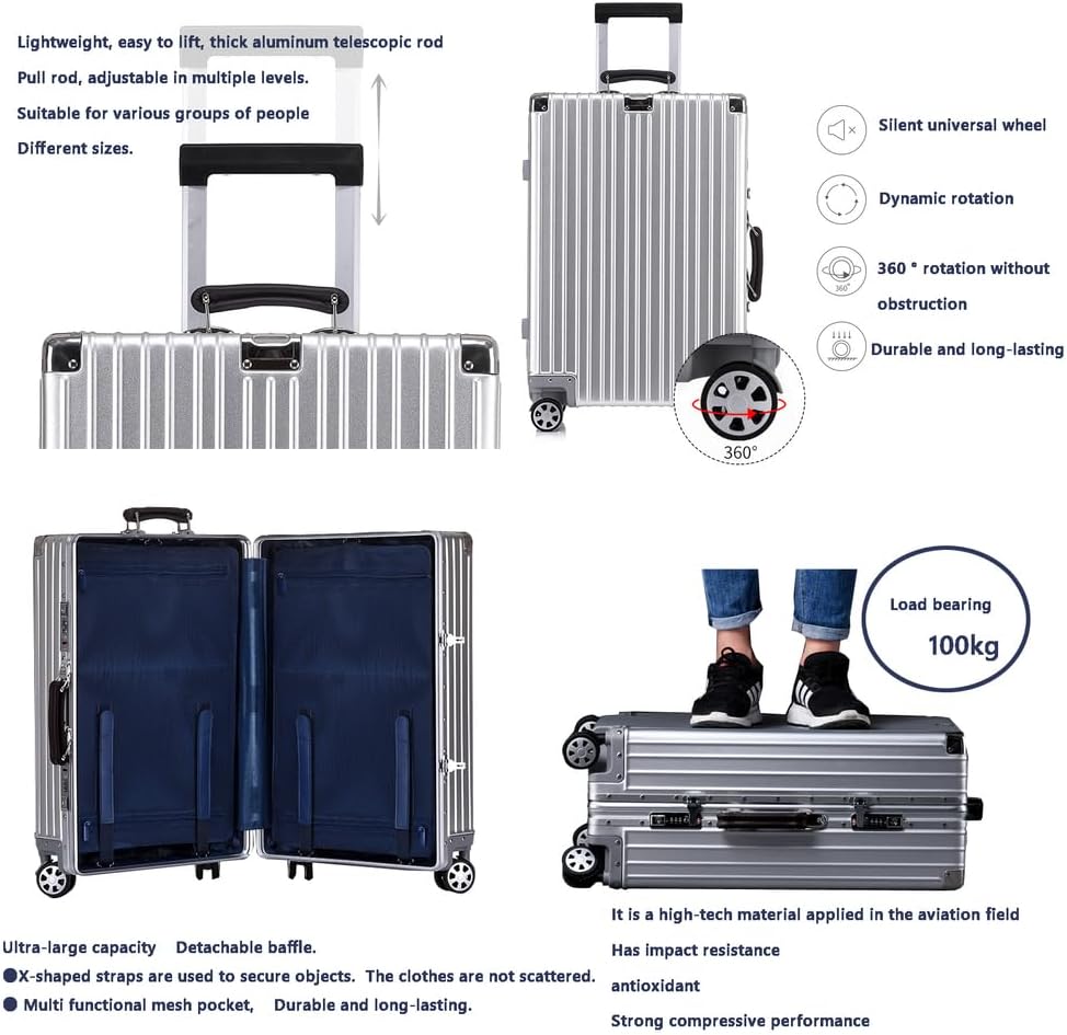 Metal Suitcase Aluminium Silver Suitcase Carry on Suitcase with Spinner Wheels,5,20in