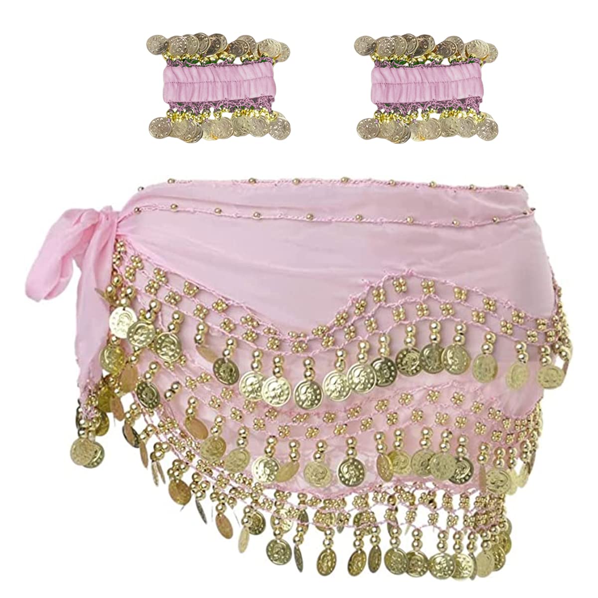 SamHeng Belly Dance Hip Scarf with Bracelet, 128 Coins Belly Dance Skirt Wrap Belt with Wrist Ankle Bracelets, Dance Skirt Belt Waist Chain for Belly Dance, Zumba or Yoga Class, Performance Costume
