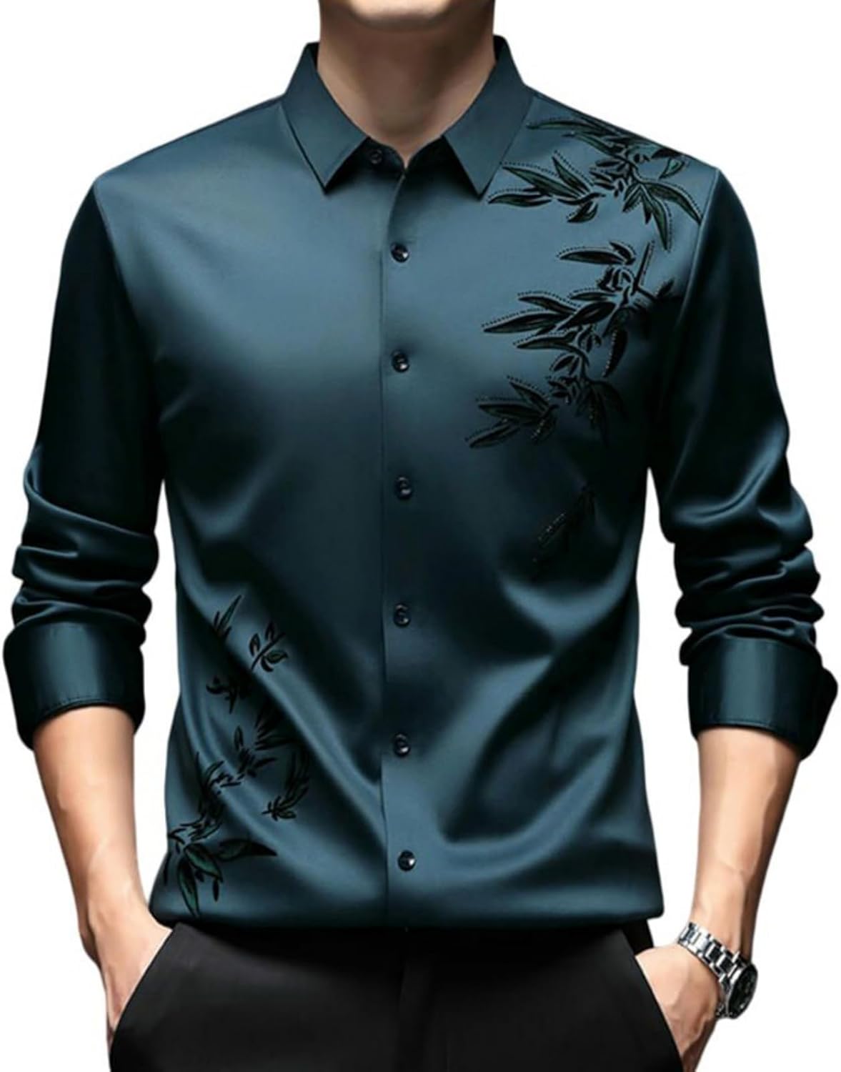 Mens Shirt Long Sleeve Turn Down Collar Seamless Crease Resistant Print Fleece Lined Warm Chinese Style Winter