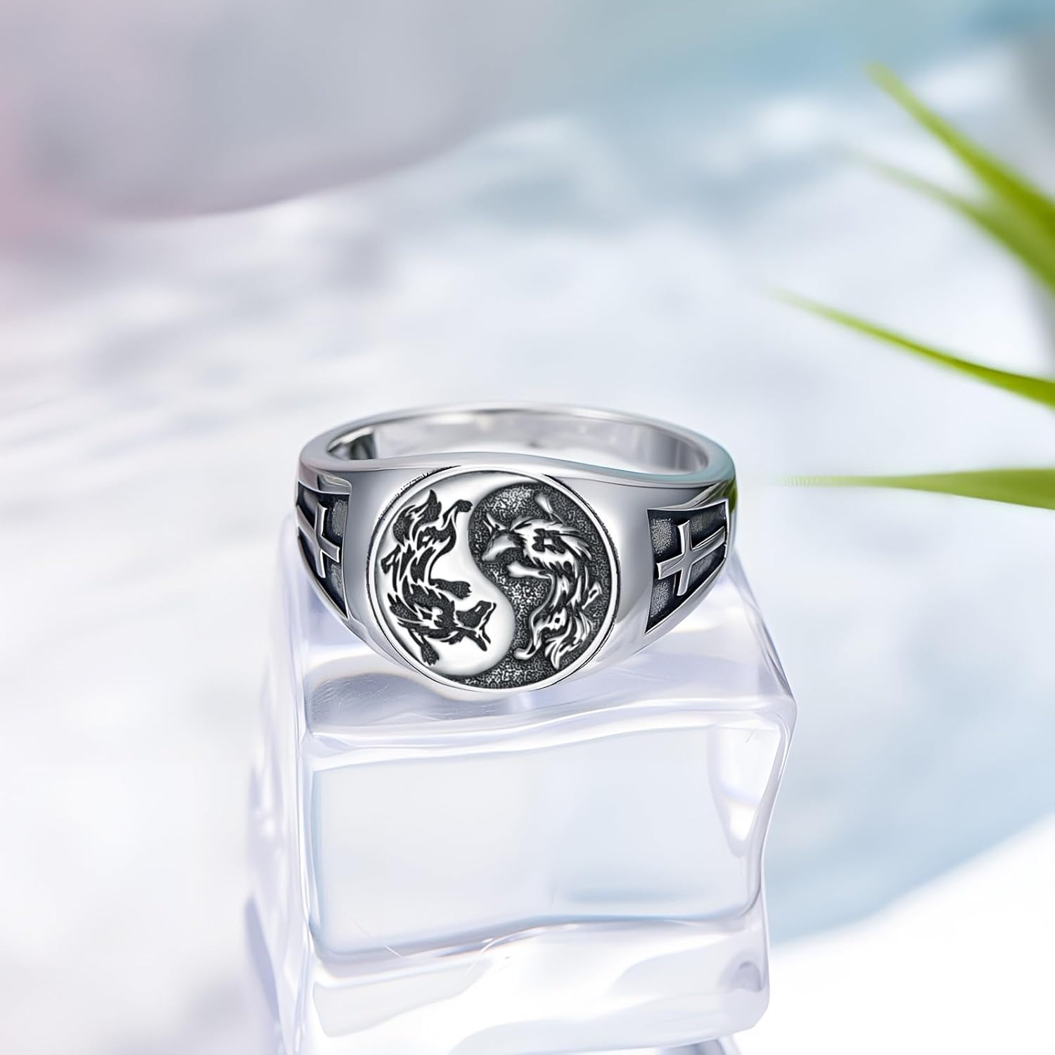 SIMONLY Wolf Ring 925 Sterling Silver Yin Yang Ring Witcher Medallion Cross Rings for Men Viking Wolf Jewelry Christmas Birthday Gifts Unisex
