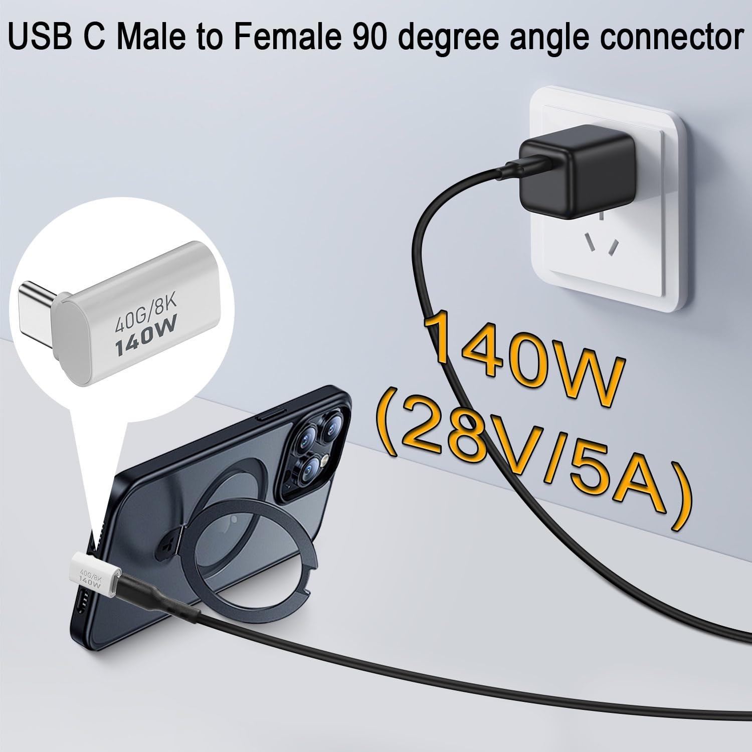 Qianrenon Adattatore USB-C Angolare A 40Gbps, Forma A U 180 Gradi, Nero, Nuovo - Foto 2