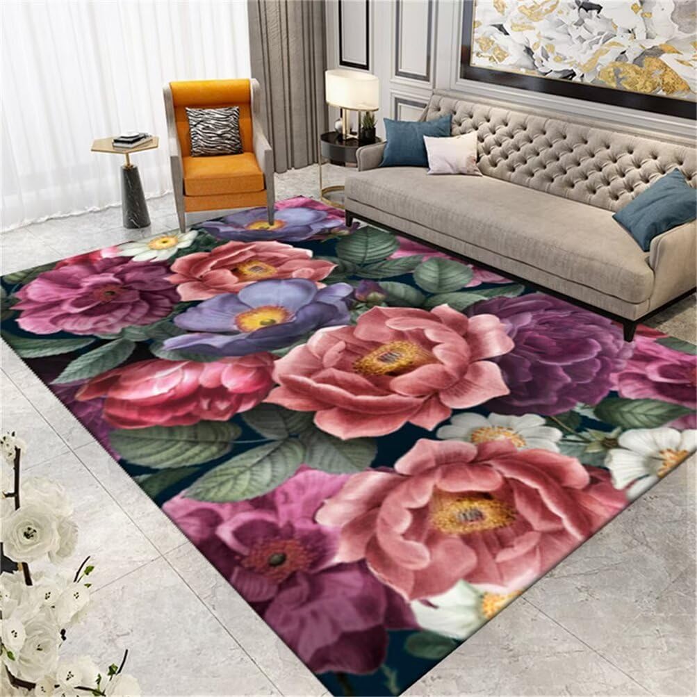 Tapis de sol salon rouge 70x140 cm lavable et moderne style fleuri
