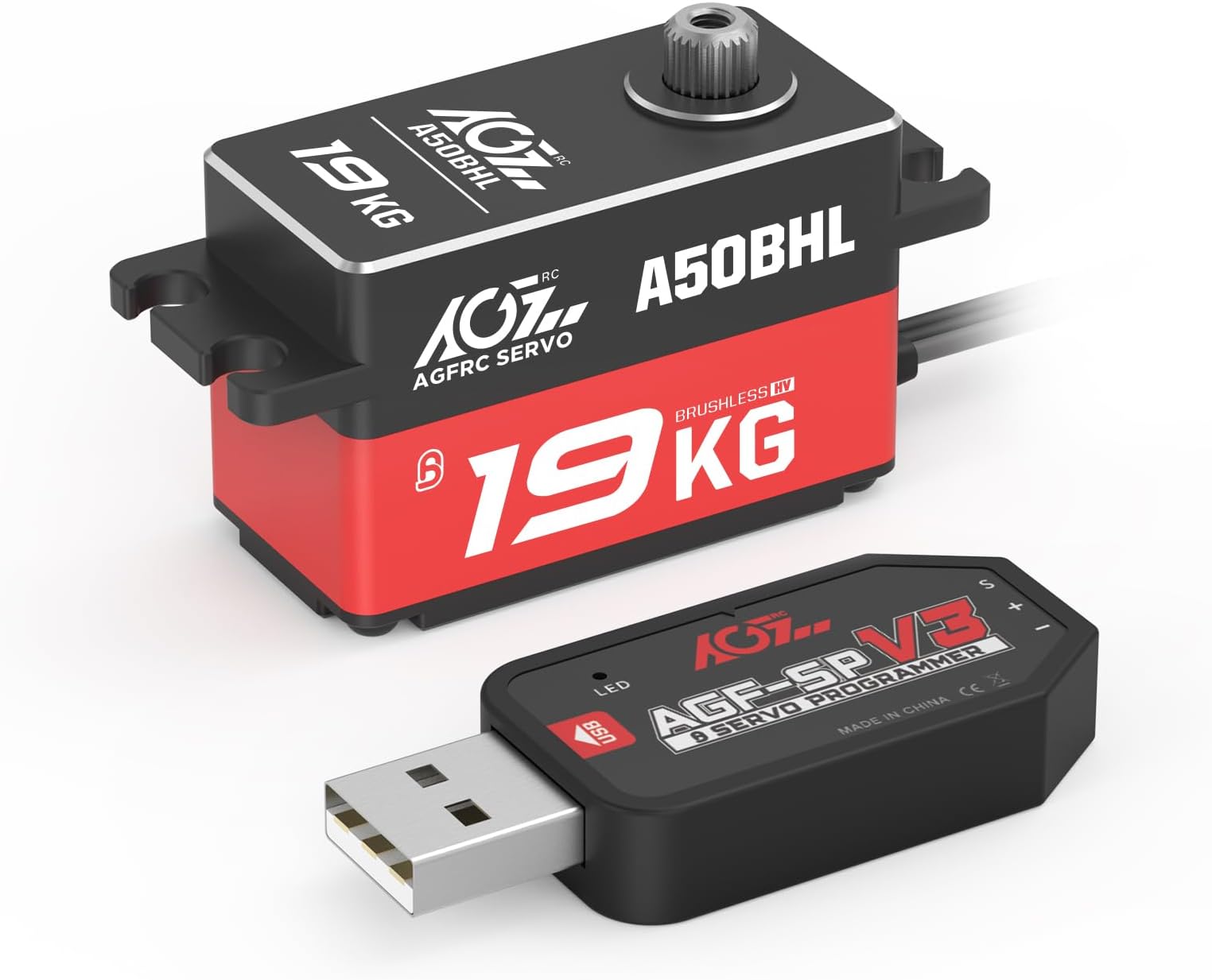 19KG Low-Profile High-Torque Programmable-Digital-Servo - Full Metal Gear CNC Case Brushless Servo for 1/10 RC Models, Control Angle 180° (A50BHL&AGF-SPV3)