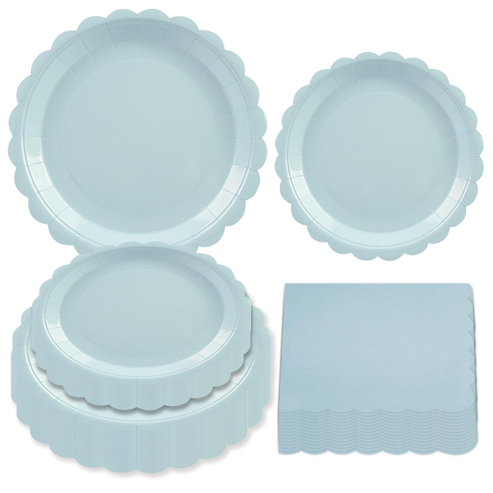 PUEVENYI 150PCS Blue Paper Plates and Napkins, 50 Guest Light Blue Disposable Tableware Set Include 7&9Inch Scalloped Paper Plates and Napkins