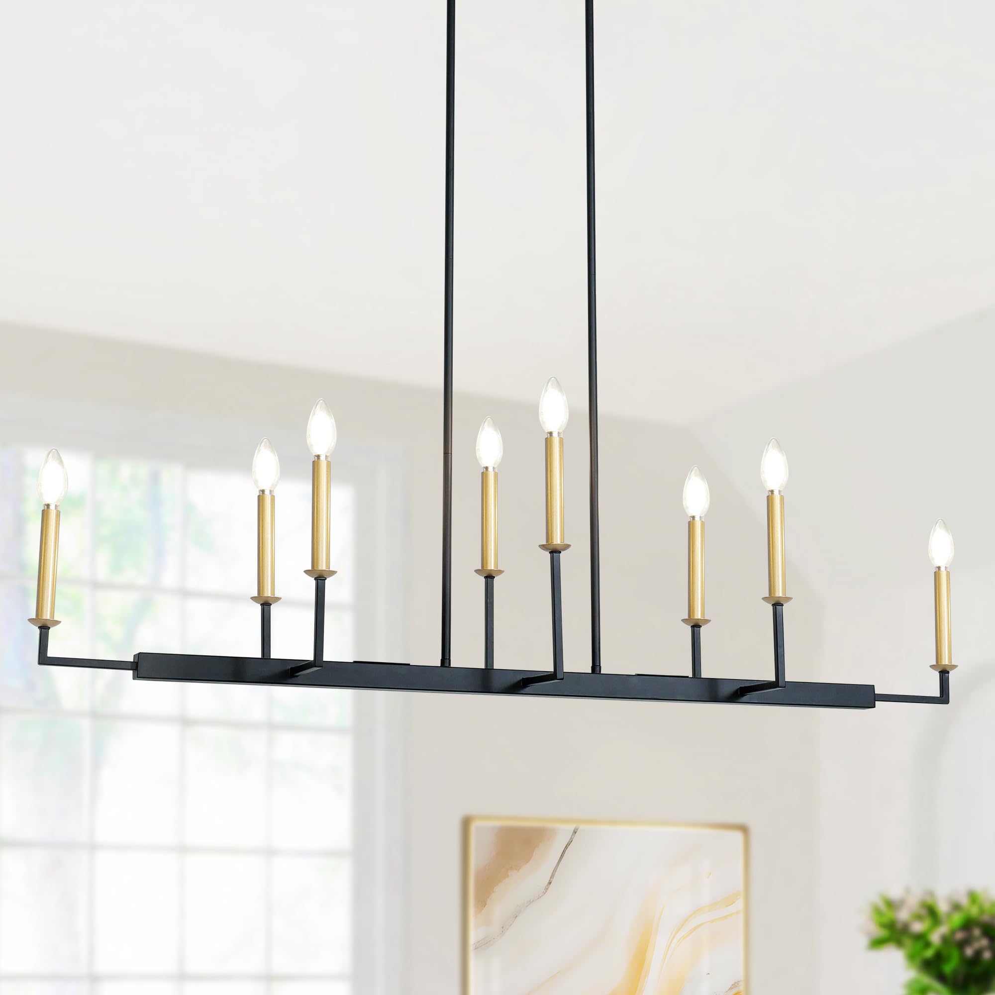 modern 8-light black gold chandelier, large linear candle-style island lighting fixtures with adjustable height for dining room, kitchen island, or living room 48.4”l