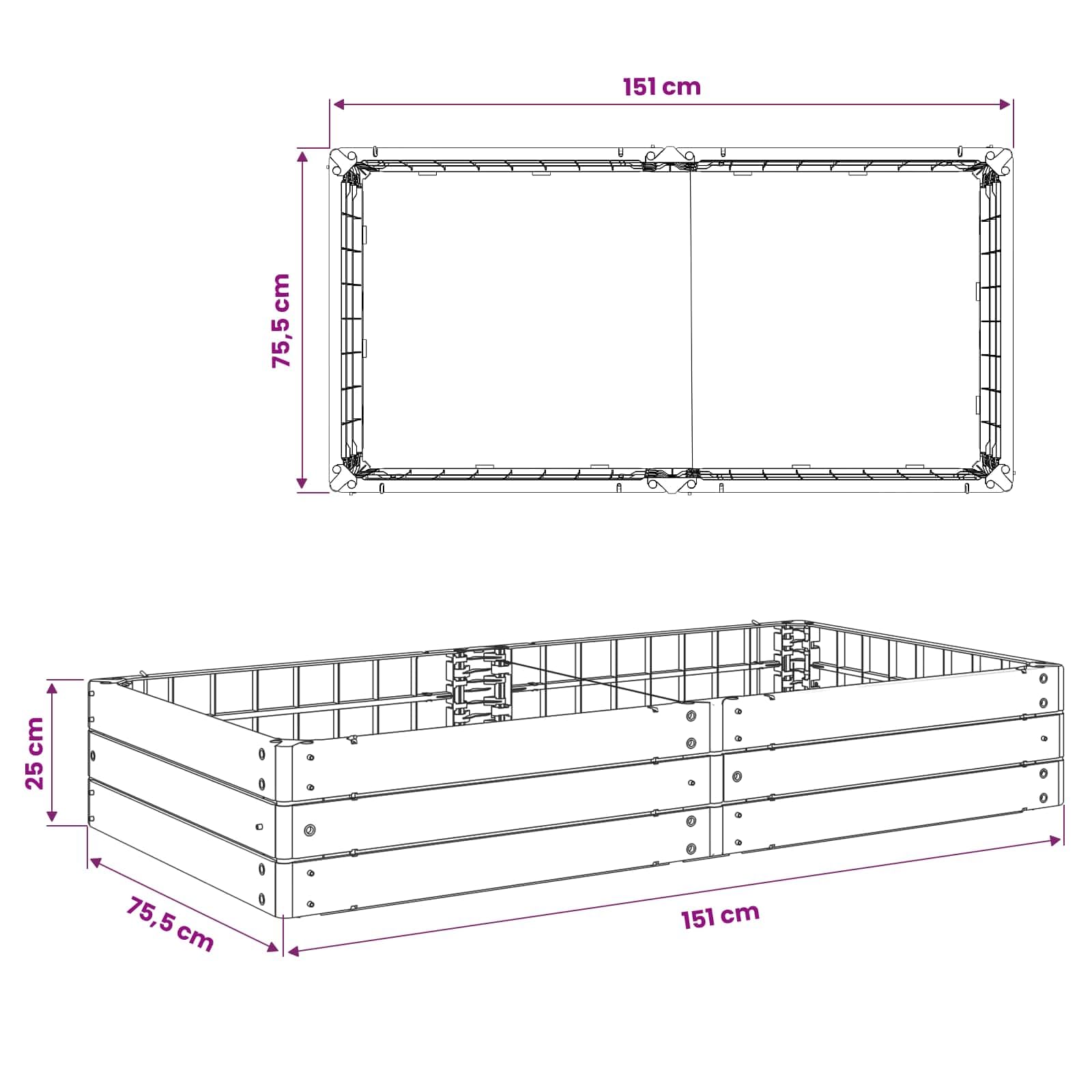 Bancal alto negro 151 x 75,5 x 25 cm PP resistente a la intemperie Jardín Jardinera Urbano Duradero