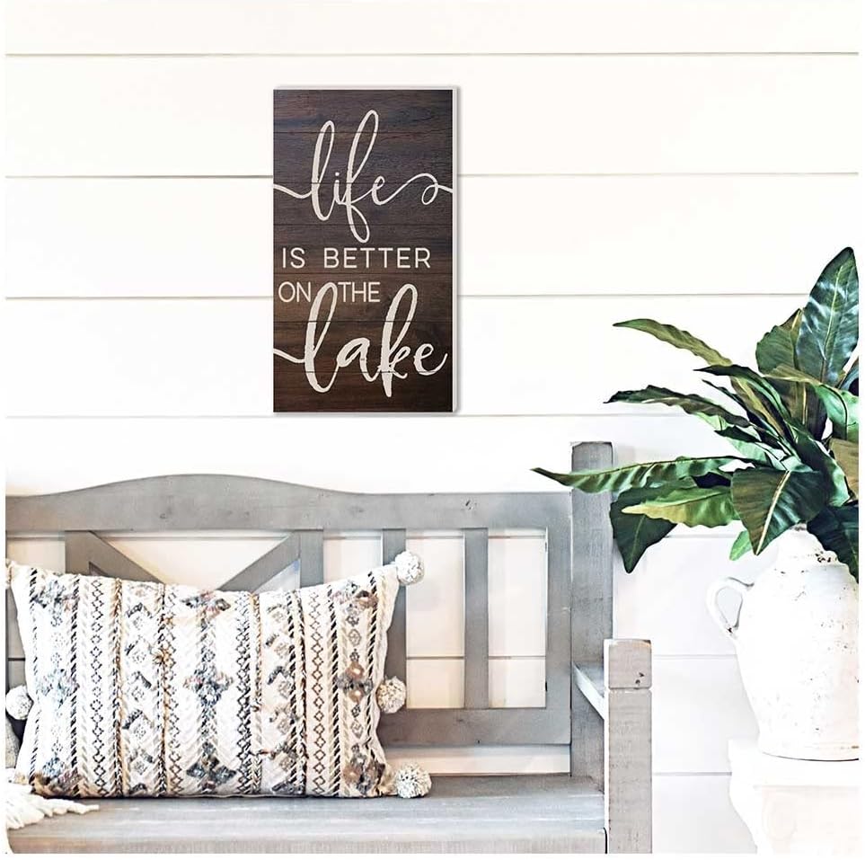 11"x20" Walnut/Tan Life is Better on The Lake Indoor Outdoor Sign, Multi