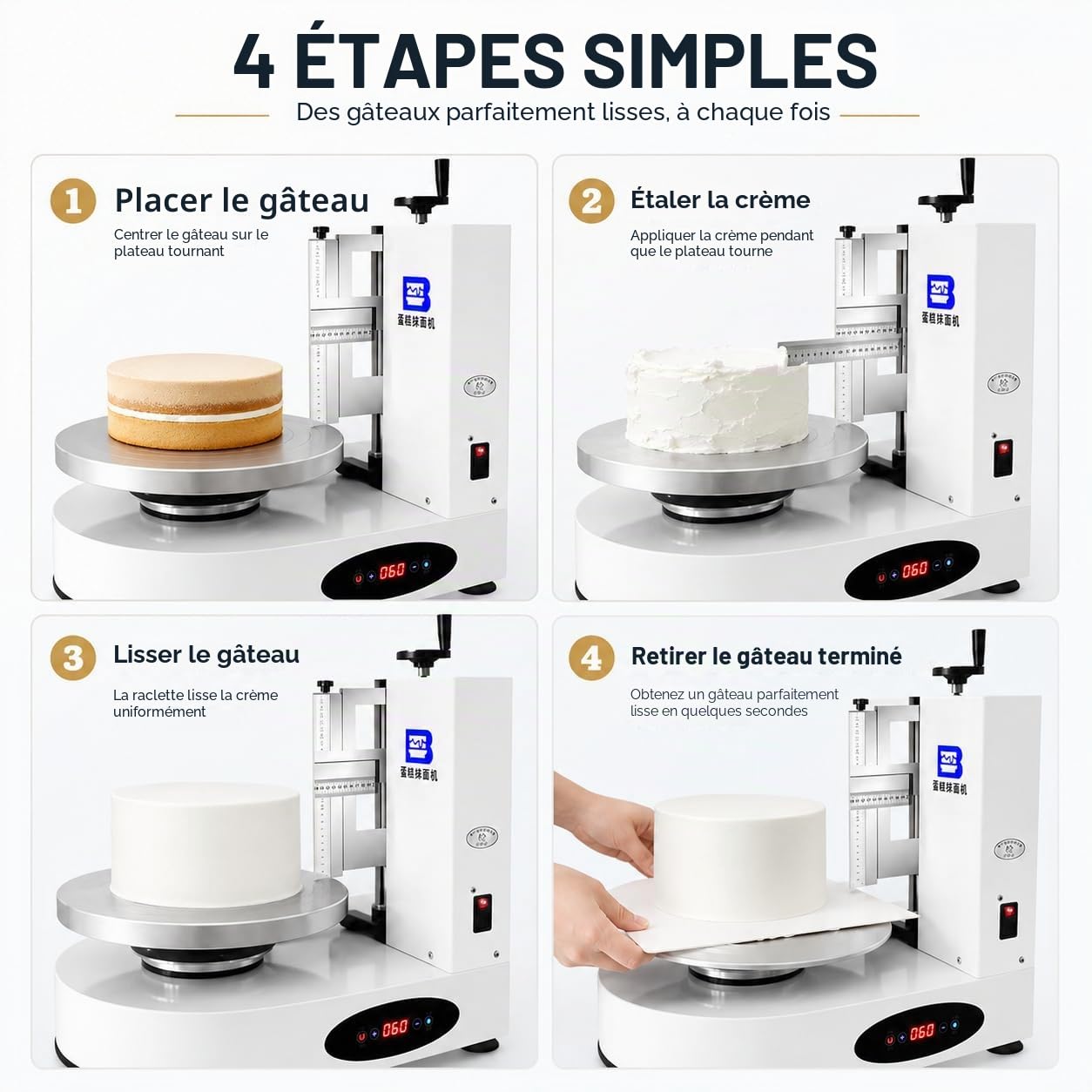 Plateau tournant électrique de 35 cm avec rotation automatique – Grattoir réglable pour gâteaux de 10 à 30,5 cm, lisseur de glaçage et épandeur de glaçage (blanc)