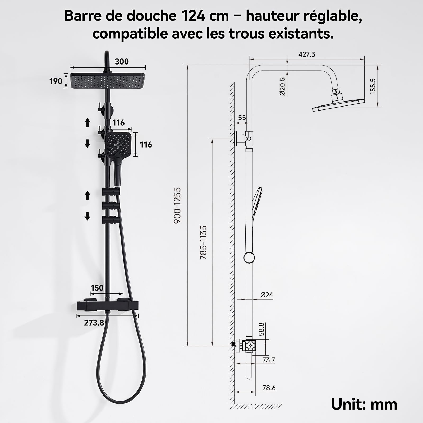 Auralum Colonne de Douche Thermostatique Noir, Ensemble de Colonne de Douche Murale Réglable avec Mitigeur Salle de Bain Robinet, 30x19CM Douche de Tête, Carré Shower Bar Douche Plafonnier Mitigeur