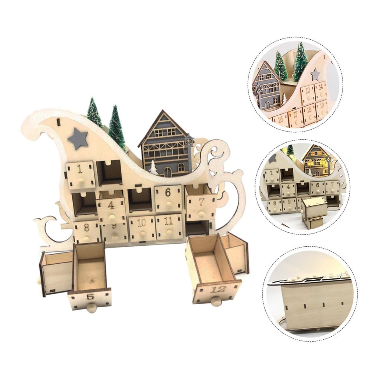 GALPADA Holz Adventskalender Weihnachtsdeko mit Stabilem Schlitten design Tage Countdown DIY Bemalbar Langlebige Tischdekoration für Wohnzimmer und Esstisch Festliche Holzkunst