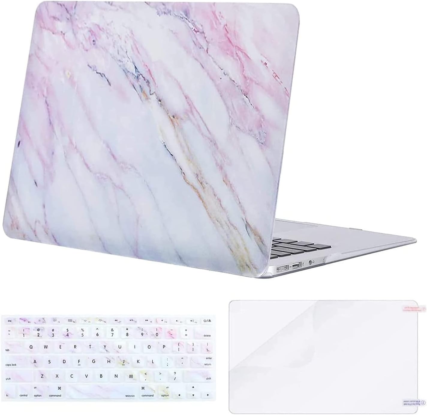 MOSISO Compatible with MacBook Air 13 inch Case (Models: A1369 & A1466, Older Version 2010-2017 Release), Plastic Pattern Hard Shell Case & Keyboard Cover & Screen Protector, Pink Marble