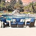 ovios Patio Furniture Set, 5 Piece Outdoor Wicker High Back Sofa with Comfy Cushions Ottomans, All Weather Conversation Set, Brown Rattan Navy Blue
