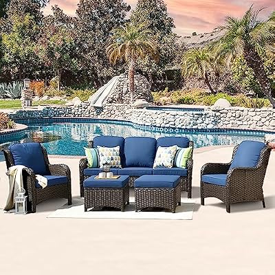 ovios Patio Furniture Set, 5 Piece Outdoor Wicker High Back Sofa with Comfy Cushions Ottomans, All Weather Conversation Set, Brown Rattan Navy Blue