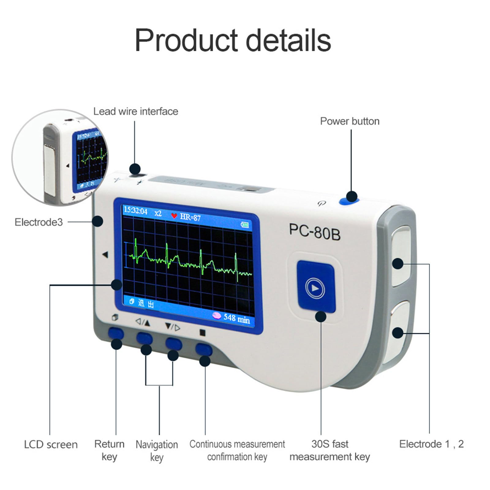 ECG Portatile a 3 Derivazioni con Analisi Algoritmica – 22 Ore di Registrazione Continua, Schermo LCD, Metodi Di Misurazione Rapida (Palmo/Gamba/Torace) in 30 Secondi, 17 Risultati Di Misurazione