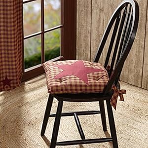 VHC Brands Star Cotton Primitive Tabletop Kitchen Tie Back(s) Appliqued Square Chair Pad, King, Burgundy Red VHC Brands Star Cotton Primitive Tabletop Kitchen Tie Backs Appliqued Square Chair Pad King Burgundy Red