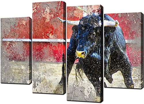 KLVOS 4 Piece Spanish Fighting Bull Animal Wall Art Highland Cow Picture Painting Wildlife Canvas Artwork for West Cowboy Bedroom Nordic Style Modern Home Decor Stretched Ready to Hang W-48x H-32inch