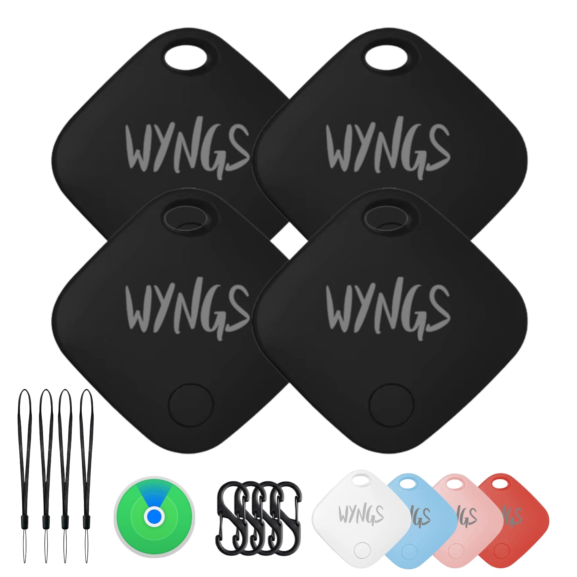 WYNGS Air Tag Schlüsselfinder – Bluetooth Tracker für iPhone, Schlüssel, Taschen & Haustiere – Kompatibel mit Apple 'Wo ist?' App & iOS – Smart GPS Ortung – Schwarz - 4er Set