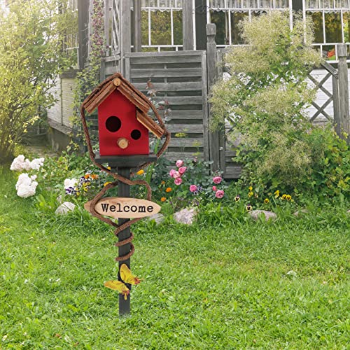 Yardwe Baroque Cottage Bird House Stake With Pole Wood Birdhouse Stand Farmhouse Birdhouse Decor Decorative Garden Yard Art For Outdoor Garden #TOP4
