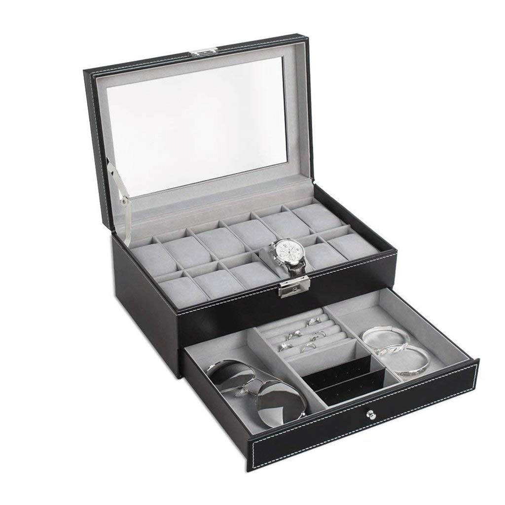 XBTGS Scatola per orologi con 12 scomparti, con cassetto per gioielli per riporre e mostrare