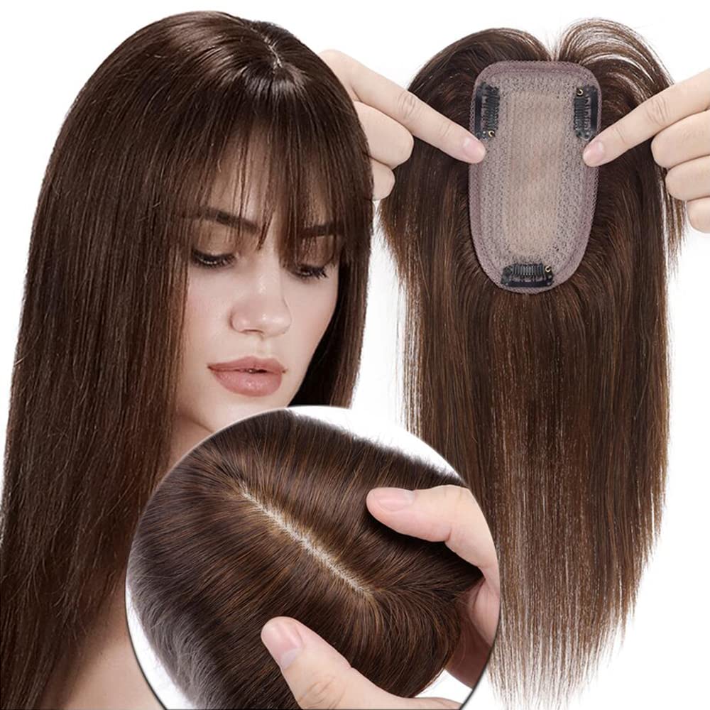 MY-LADY Human Hair Toppers for Women Real Human Hair for Thinning Hair 7 * 13CM Silk Base Hairpieces with Bangs 150% Density Straight Clip in Remy Hair Pieces 6 Inch #04 Medium Brown