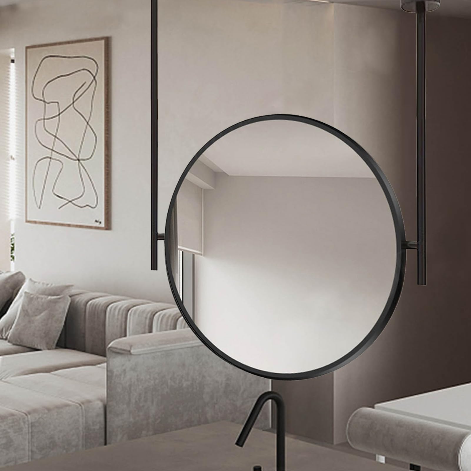 Miroir rond avec tige pour salle de bain design loft industriel miroir flottant noir 40 cm