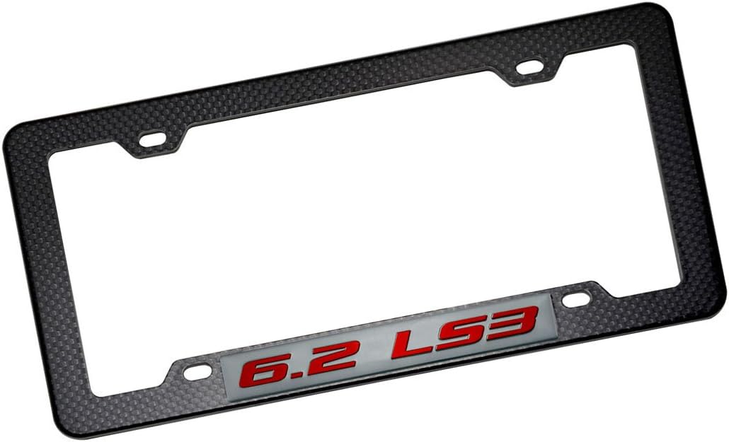 Black Carbon Fiber Look License Plate Frame with 6.2 LS3 RED on Silver Highly Polished Real Aluminum Emblem