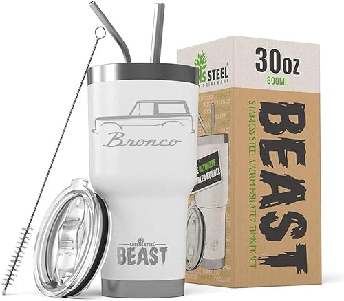 1966-77 Ford Bronco BEAST Vaso aislado de acero inoxidable de 30 oz con tapa, 2 pajillas, cepillo y caja de regalo, color blanco