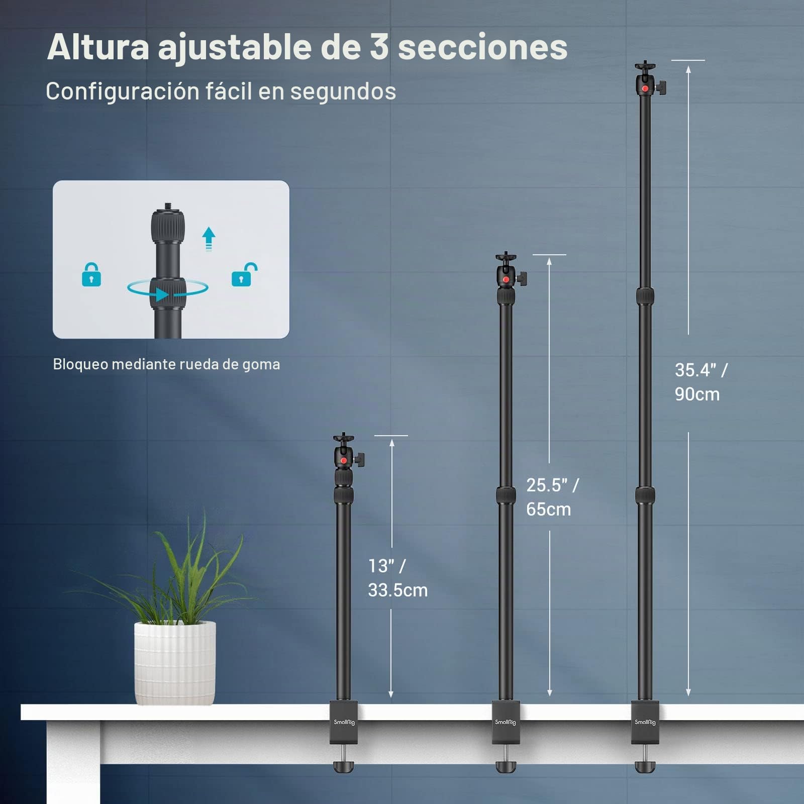 SMALLRIG Soporte Escritorio Extensible para Cámara, 15"-35" Ajustable con Cabezal Bola con Pinza en C, Compatible con DSLR, Anillos de Luz, Streaming y Grabación de Video - 3488