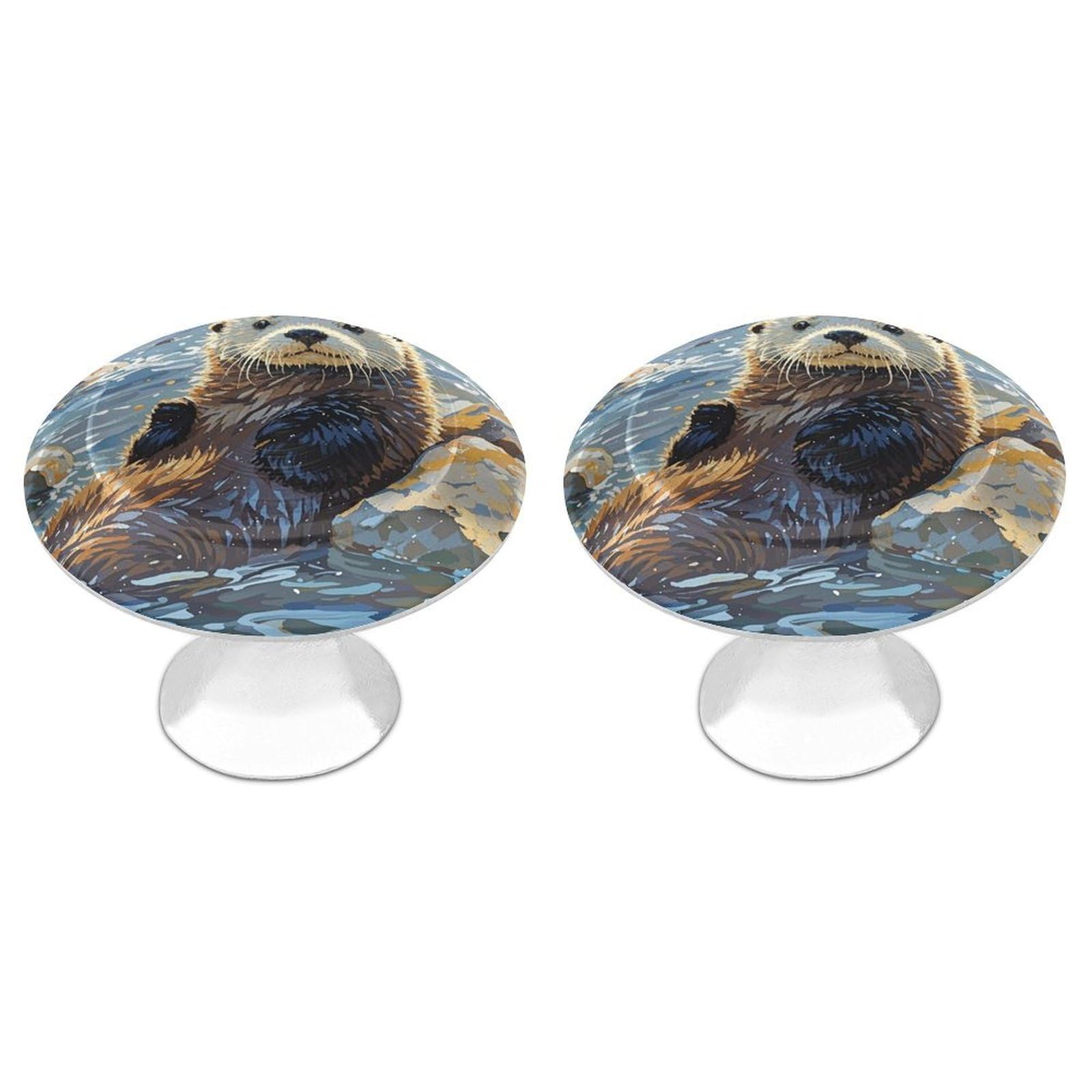 FekiLoot Sea Otters Painting Cabinet Knob 2 Pack Mini Round Drawer Pulls Stainless Steel Dresser Drawer Knobs Kitchen Drawer Hardware for Bathroom Dresser Closet Door Knobs