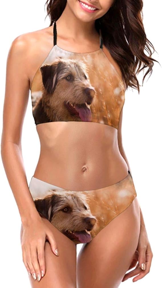 Women's Chic 2 Pieces Swimsuit, Animal Dog White Dog High Neck Halter
