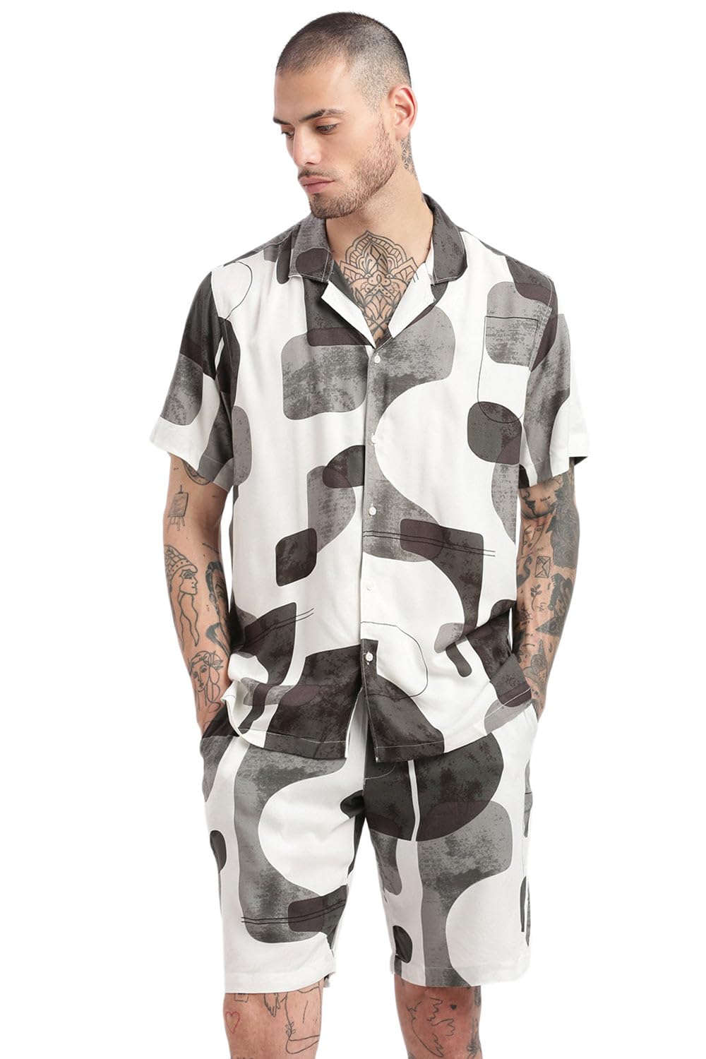 showoffff SHOWOFF Men's Short Sleeves Abstract Cuban Collar White Co-Ords Set-John-2395_White-picture-17