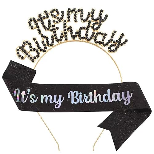 JIAHANG Rhinestone Beaded Letters Headband&Sash for Girls Women, It's my Birthday Crown Hair Accessoriess Set Black Party Hair Accessories