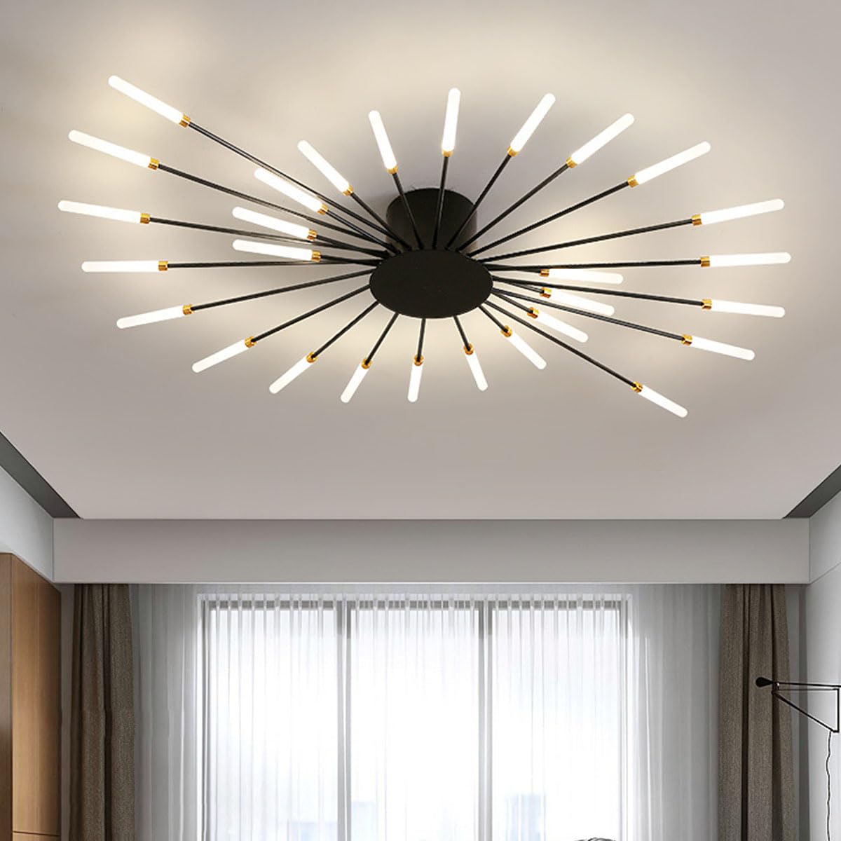 KXEcoLife Modern Dimmable LED Ceiling Light Fixture, 42 Heads Acrylic Chandelier, Adjustable 3000-6000K for Restaurant, Bedroom, Living Room (Black, 28 Heads)