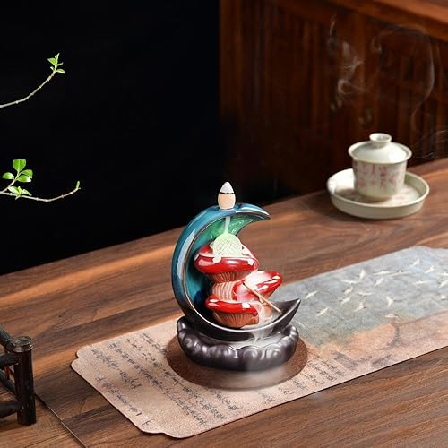 Miniatura 4 de YYW Quemador de incienso de reflujo con luna brillante y hongos con 20 conos+30 varillas para aromaterapia ornamento decoración del hogar