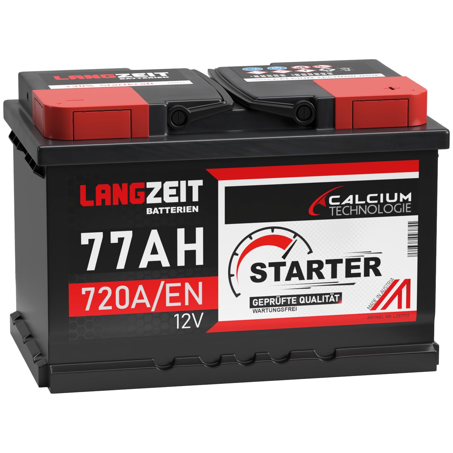 LANGZEIT Autobatterie 12V 77Ah 720A/EN Starterbatterie +30% mehr Leistung ersetzt Batterie 74 Ah 70Ah 72Ah 75Ah