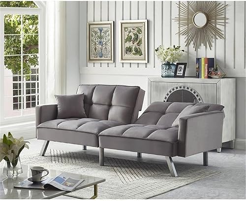 Miniatura 6 de Legend Vansen Futón convertible de tela de terciopelo de 80 pulgadas con dos almohadas, sofá cama con 3 respaldos ajustables, sofá cama grande para