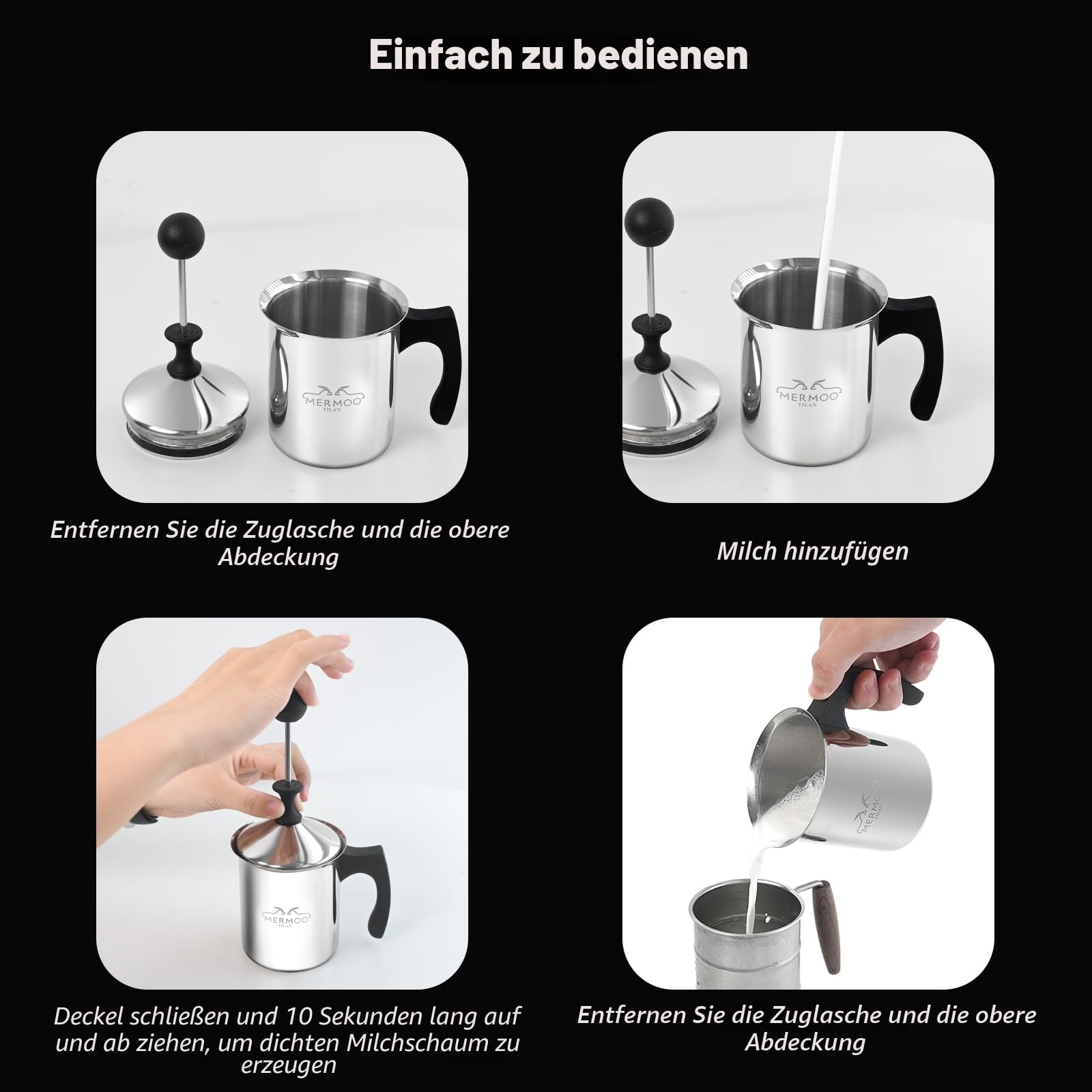 MERMOO YILAN Milchaufschäumer 304 Edelstahl Milchschäumer Doppelsieb, Kalt/Hot Schaum für Lattte, Cappuccino, leicht zu reinigen, perfekt für Reise Camping Büro (Silber)