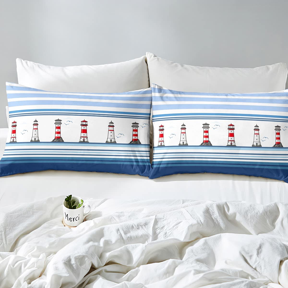 Blaue und weiße Meeresbrise Bettwäsche 155x220cm Küsten Leuchtturm Bettwäsche mit 1 Kissenbezug 80x80cm Super weich Leichte Mikrofaser Bettbezug für Mädchen Jungen Teens Jugendliche Kinder