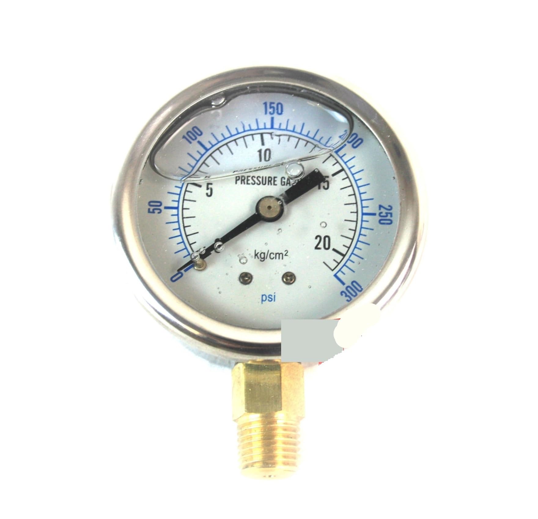 Ciśnieniomierz napełniony płynem, montaż boczny, 1/4" NPT, tarcza 2-1/2", od -0 do 300
