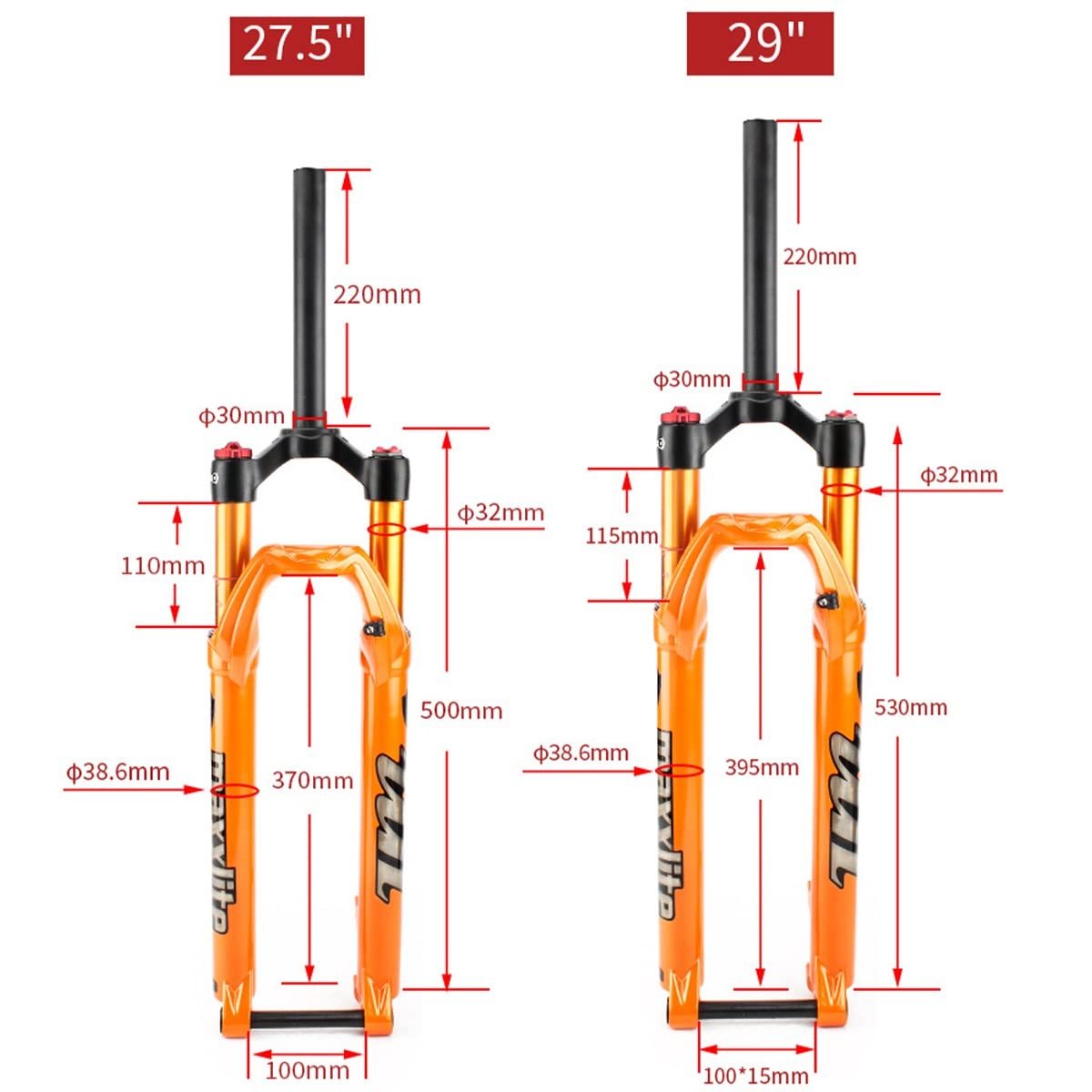 Widelec amortyzowany do roweru górskiego 27,5 cala, stop magnezu, skok sprężyny MTB 100 mm, ultralekki, ręczny / pilot zdalnego sterowania, prosta rura (kolor: pomarańczowy, pilot zdalnego sterowania