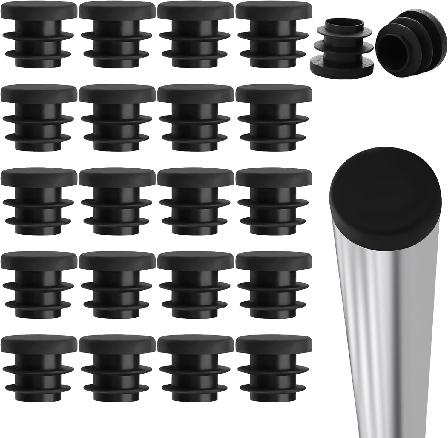 ZyFurn 20 Piezas Tapones Redondos 16mm para Tubo Redondo Negro Tapones de Tubos de Plástico PE Insertos Tapones para Sillas Tapón Acanalados Protector Patas Sillas de Mesa, Sillas, Muebles, Tubos