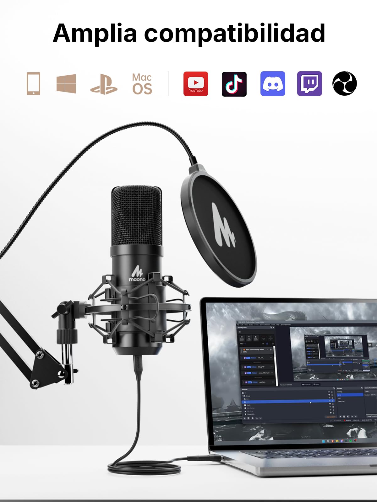 MAONO Micrófono de condensador XLR/USB: 192 kHz/24 bits Plug & Play PC Podcast Kit de micrófono de metal cardioide con software, chipset de sonido profesional para grabación, estudio, canto
