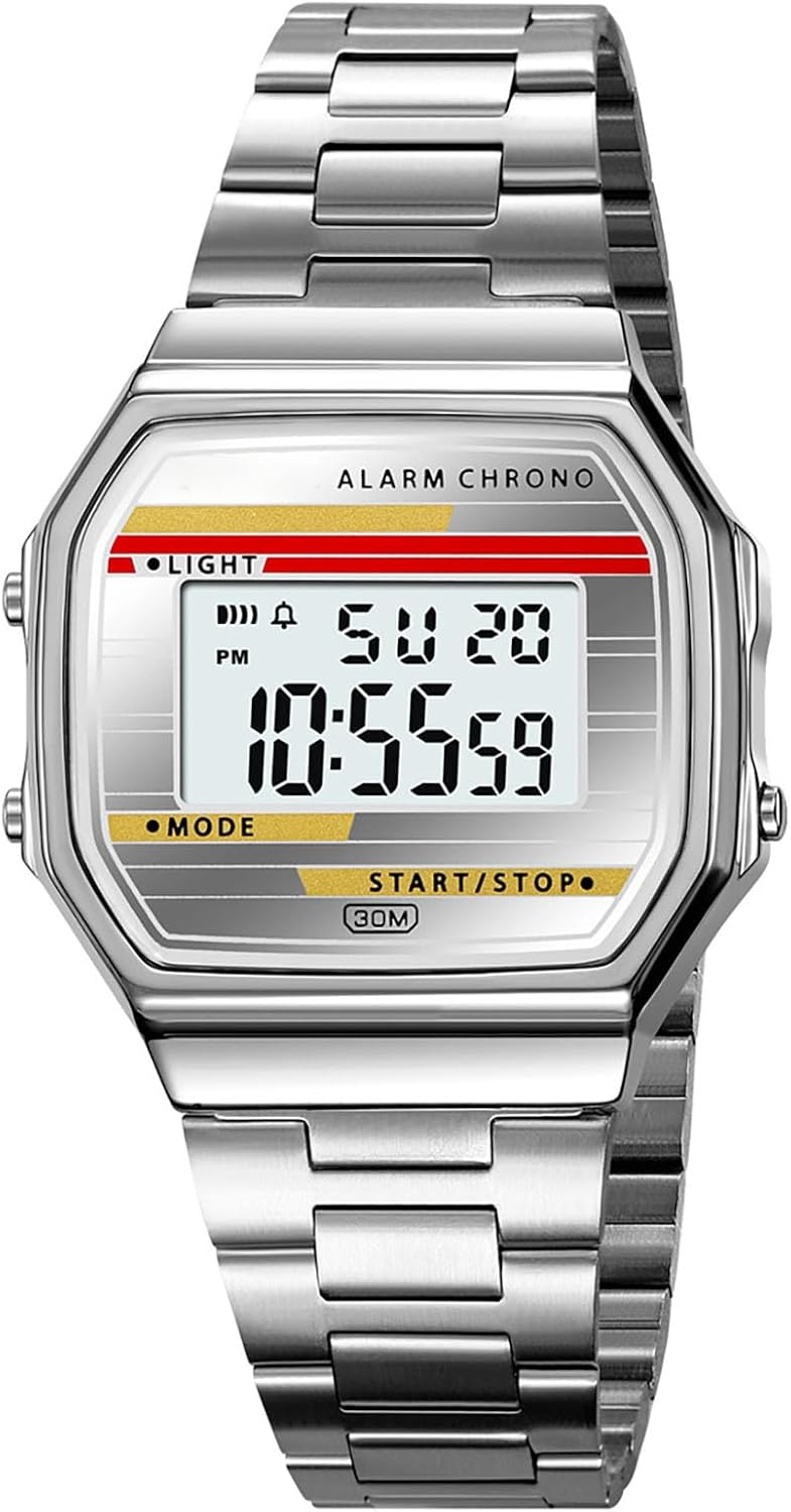 Retro Digital Watch Stainless Steel Band Alarm Chrono LED Light 30M Waterproof Vintage Electronic Wristwatch for Men Women