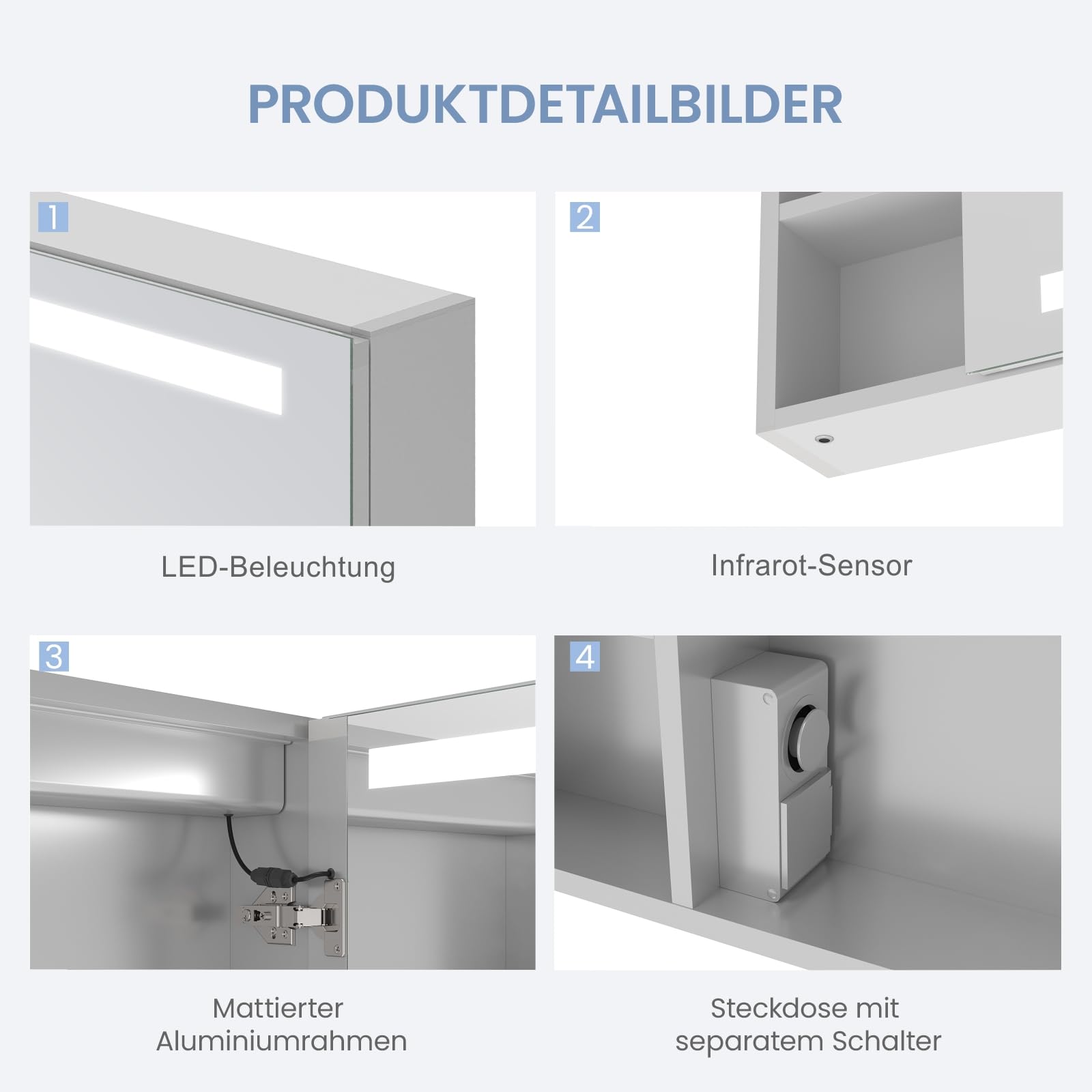 AQUABATOS Spiegelschrank Bad mit Beleuchtung und Steckdose 70 cm breit 60 cm höhe Aluminium Schrank Badspiegel rechts offenen Fächern Links LED Badschrank Infrarot Sensor Antibeschlag dimmbar