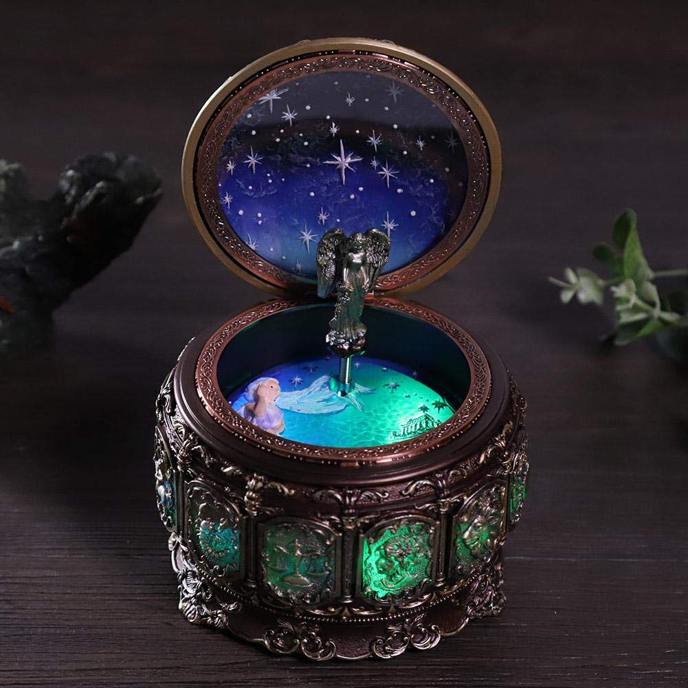 MAGT Caja de música vintage, 12 constelaciones, caja de música con constelaciones giratorias, diosa giratoria, luces LED brillantes, regalos para Navidad, San Valentín, cumpleaños (Virgo)