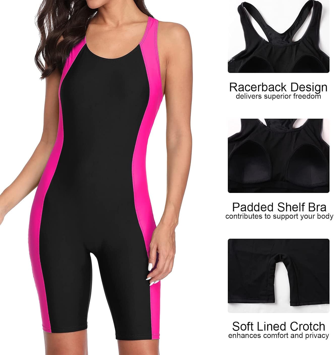 Miniatura 3 de beautyin Traje de baño Boyleg Unitard para mujer, espalda cruzada, atlético, de una pieza, hasta la rodilla