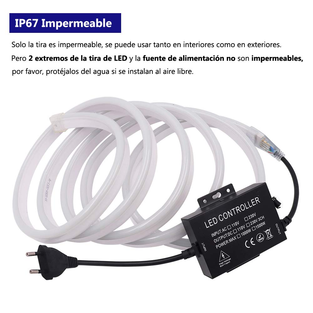 XUNATA 220V Flexible LED Neon Flex, 5050 60 LEDs/m RGB Tira LED + Toque Control Remoto, IP67 Impermeable Interior Intemperie Escalera de Techo Luces Decoración (25m)